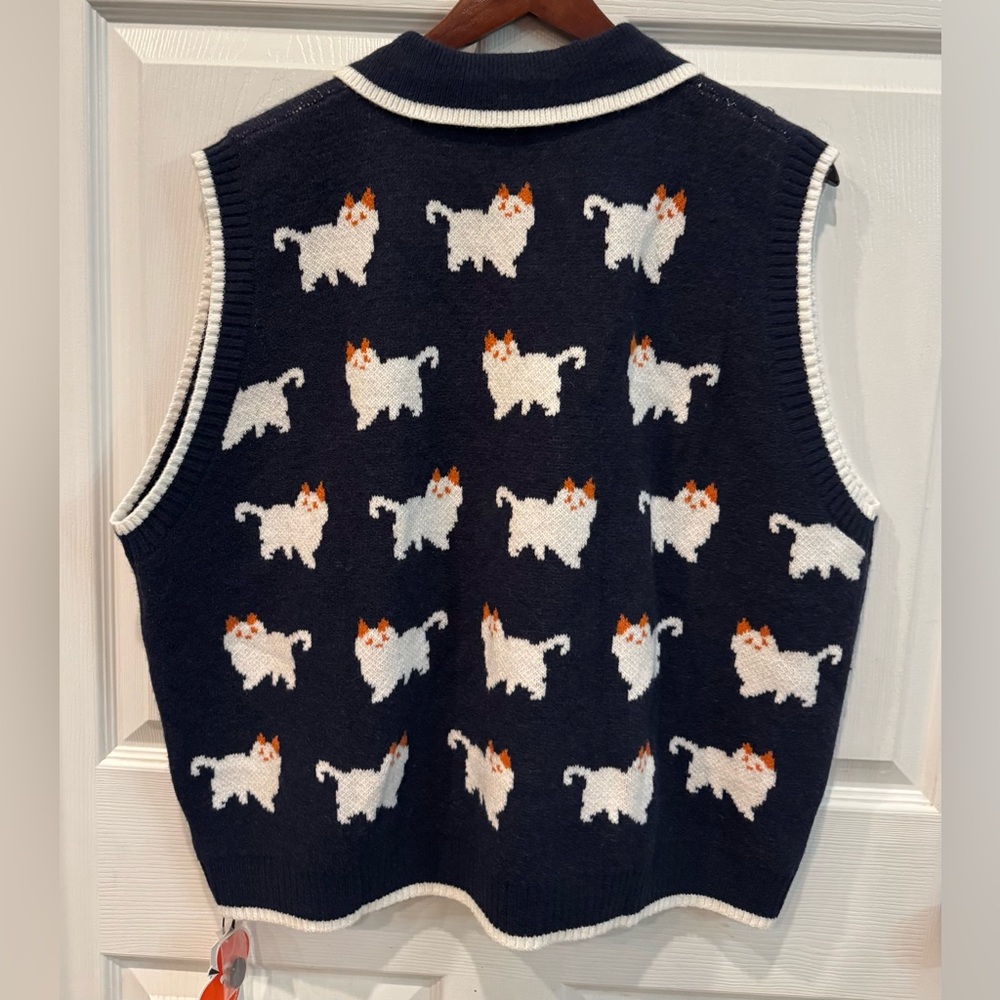 Cider Navy Cat Pattern Collared Knit Vest - Picture 2 of 8